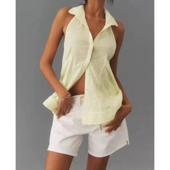 By Anthropologie Women's Yellow stripe Button-Front Halter Swing Blouse large - Picture 3 of 8